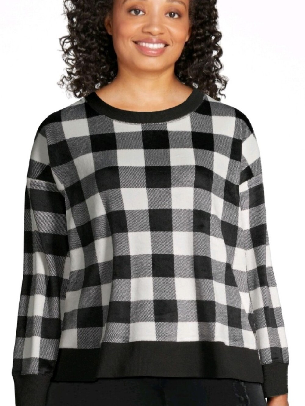 Secret Treasures Black and White Buffalo Plaid Crewneck Top